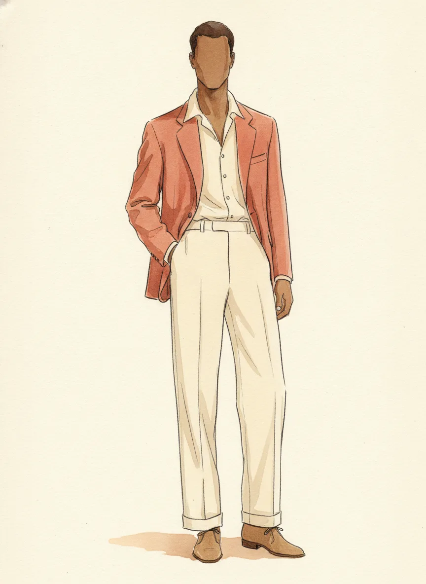 A terracotta jacket with cream trousers