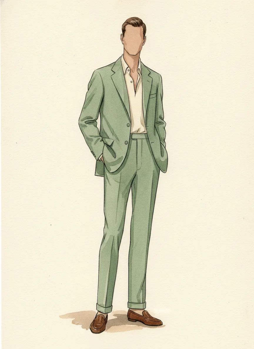 A sage green suit with an open collar