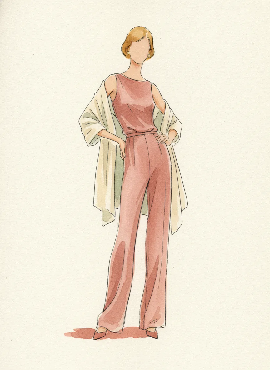 A dusty pink jumpsuit with a shawl