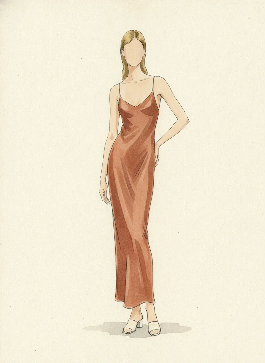 A silk slip dress in terracotta