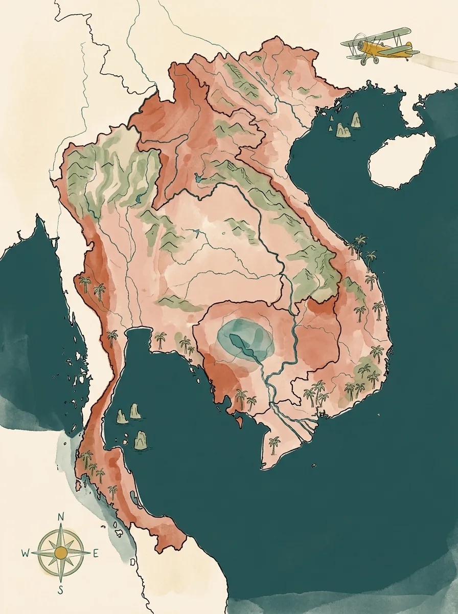 A painted map of mainland Southeast Asia showing the five places we're travelling to